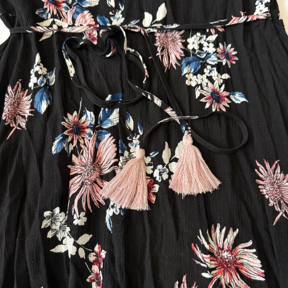 Lulus Black Pink Floral Print Tassel Tie Wrap Dress Medium - Picture 4 of 7